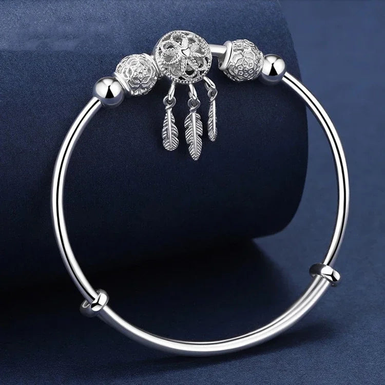 Adjustable Size 925 Sterling Silver Bangle Cuff Dreamcatcher Tassel Feather Round Bead Charm Bracelet Jewelry For Women Wedding