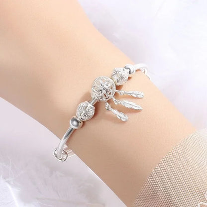 Adjustable Size 925 Sterling Silver Bangle Cuff Dreamcatcher Tassel Feather Round Bead Charm Bracelet Jewelry For Women Wedding