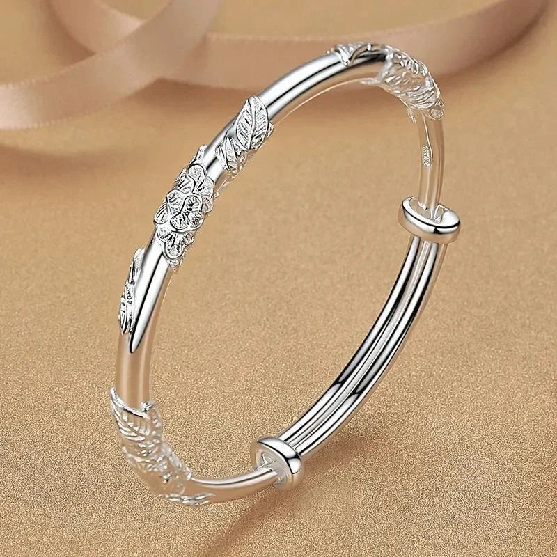 Adjustable Size 925 Sterling Silver Bangle Cuff Dreamcatcher Tassel Feather Round Bead Charm Bracelet Jewelry For Women Wedding