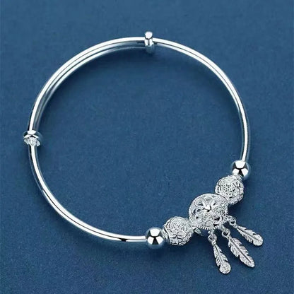 Adjustable Size 925 Sterling Silver Bangle Cuff Dreamcatcher Tassel Feather Round Bead Charm Bracelet Jewelry For Women Wedding